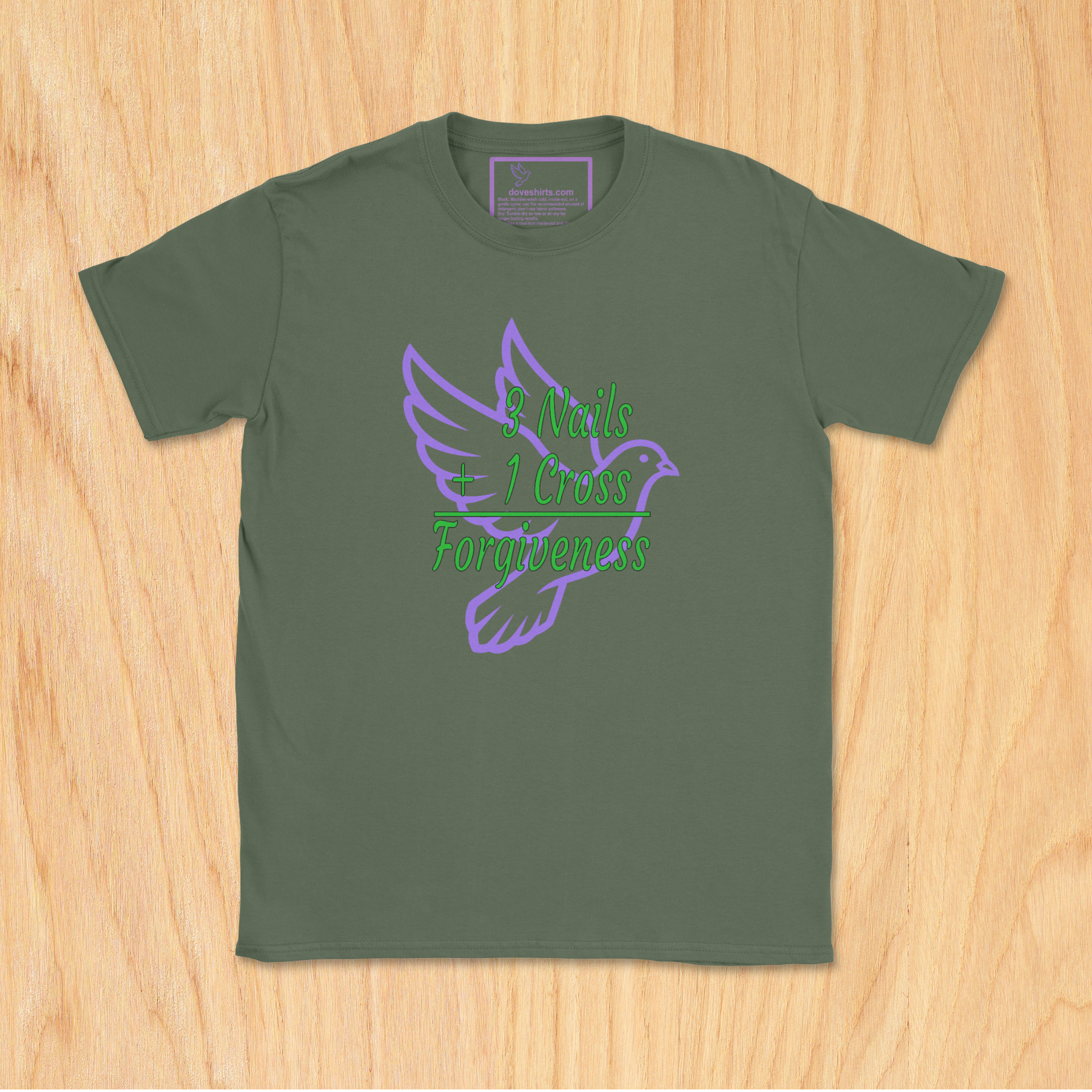 Military Green Youth Christian T-shirt with '3 Nails + 1 Cross = Forgiveness' faith design by JC Dove Designs