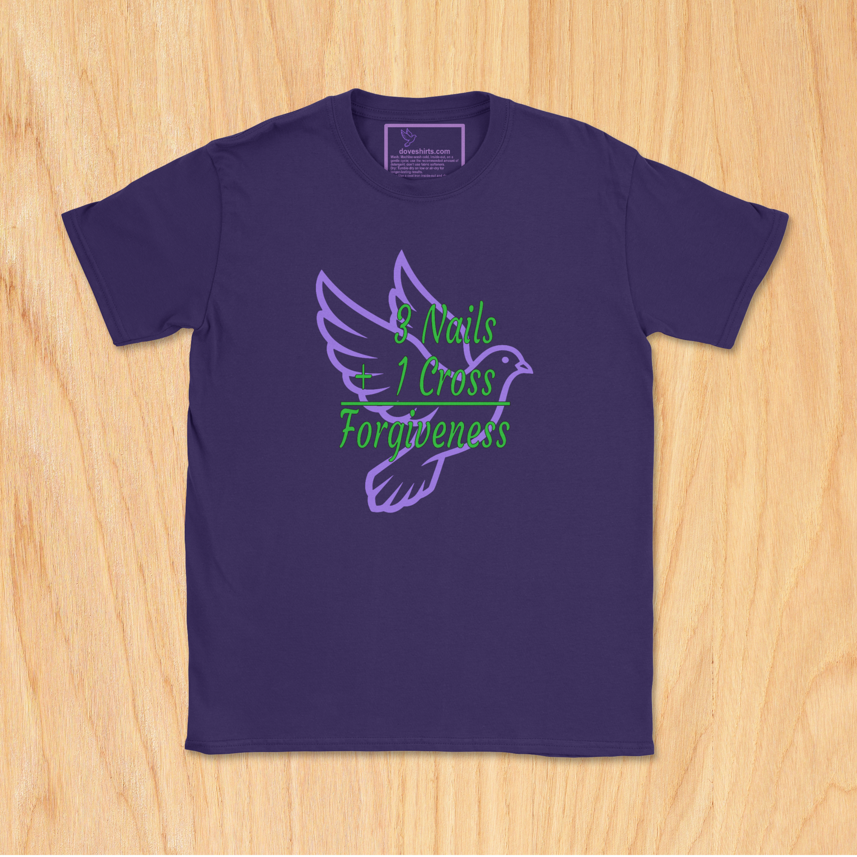 Purple Youth Christian T-shirt with '3 Nails + 1 Cross = Forgiveness' faith design by JC Dove Designs