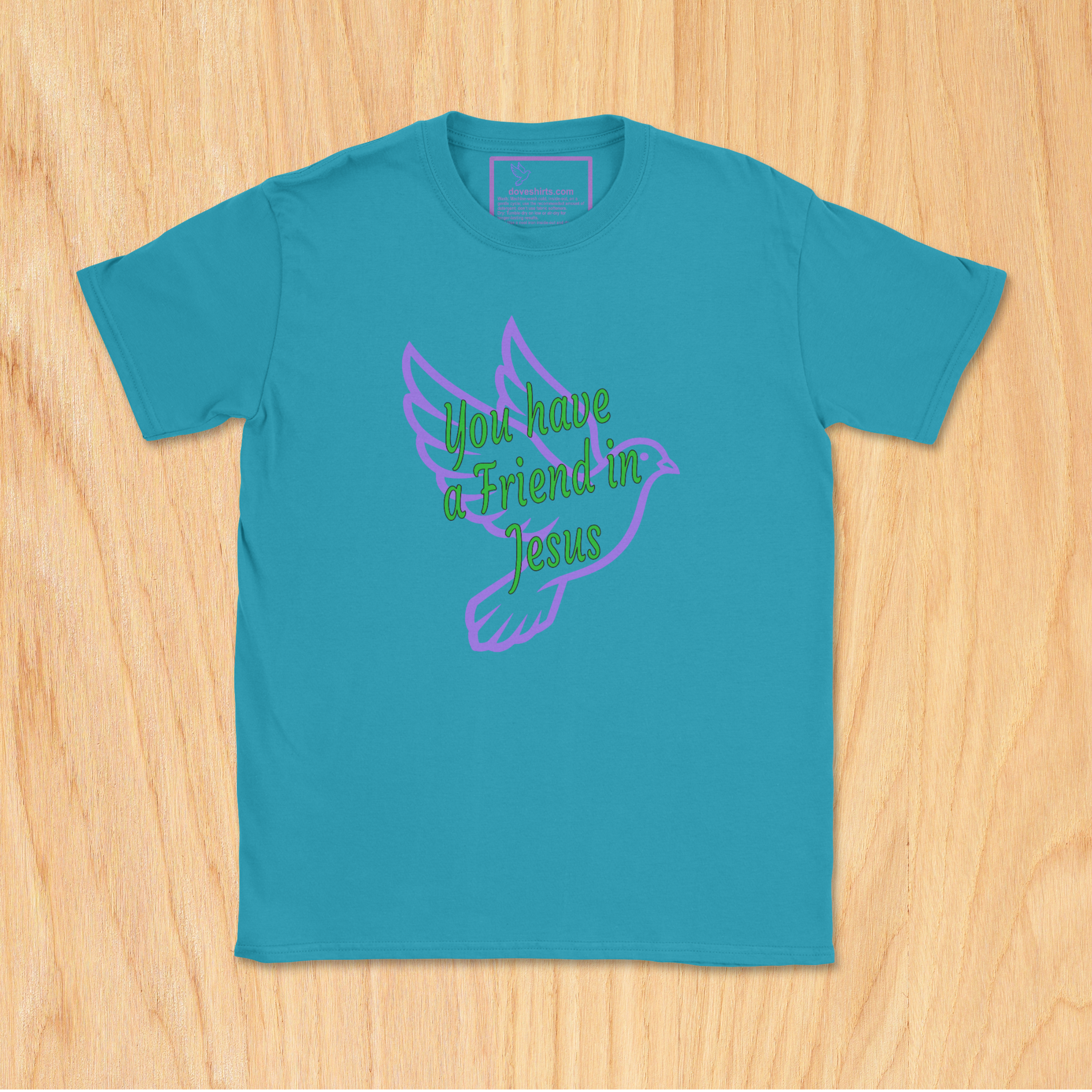 Heather Galapagos Blue Youth Christian T-shirt with 'You Have a Friend in Jesus' faith design by JC Dove Designs