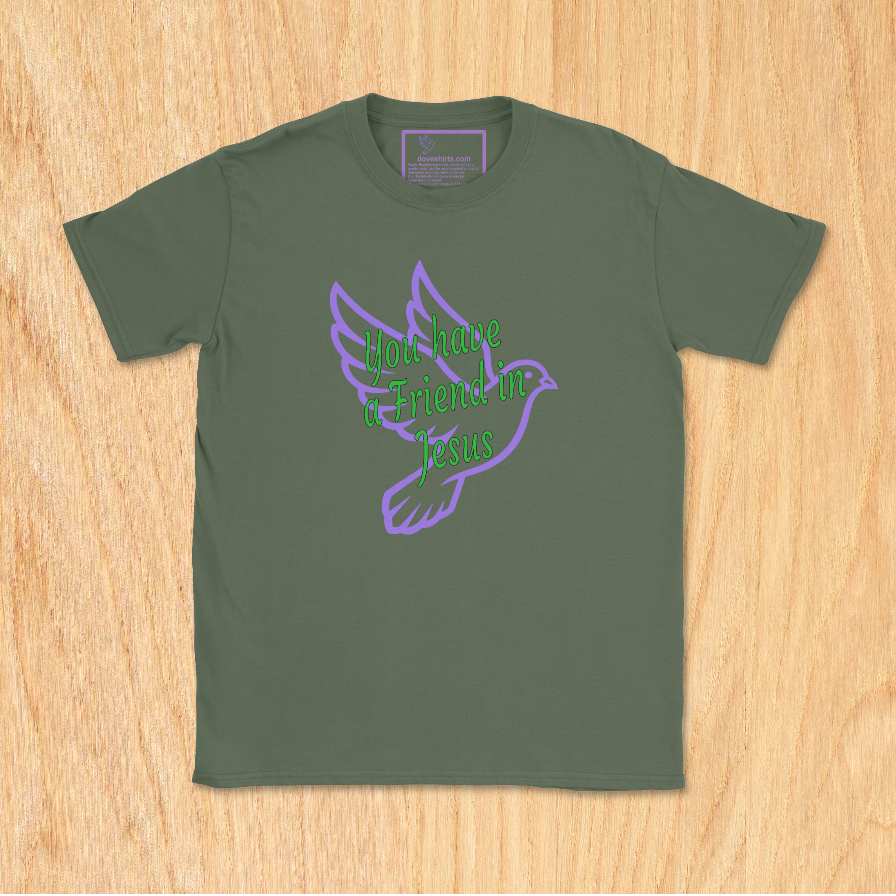 Military Green Youth Christian T-shirt with 'You Have a Friend in Jesus' faith design by JC Dove Designs